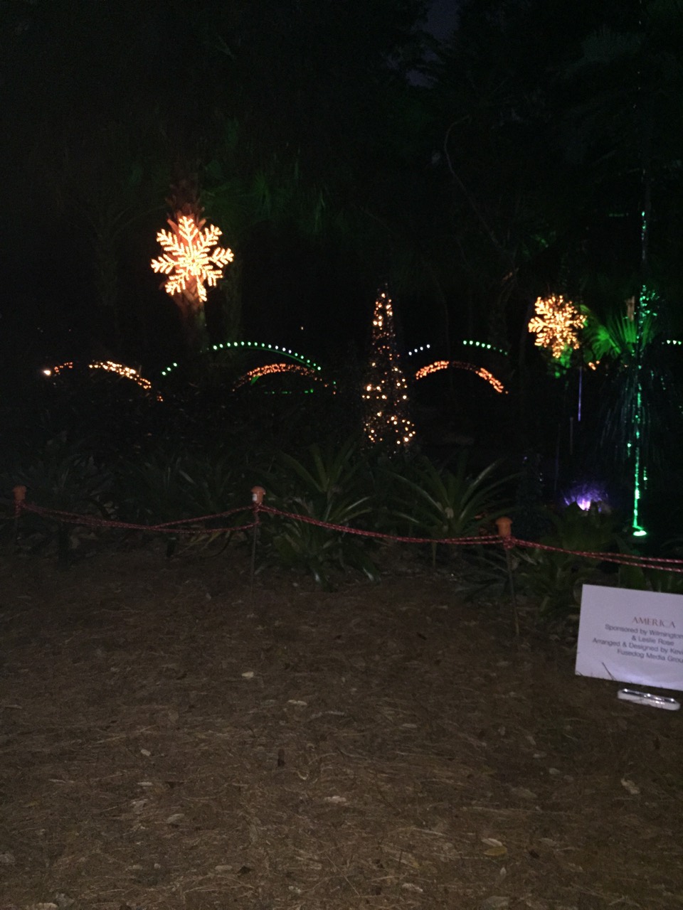 Warm snowflake lights and green accents along a garden path at night.