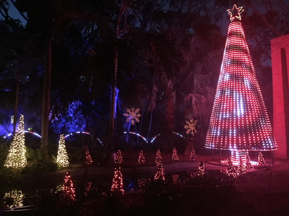 A towering red-and-white light tree framed by palms and smaller lit trees.