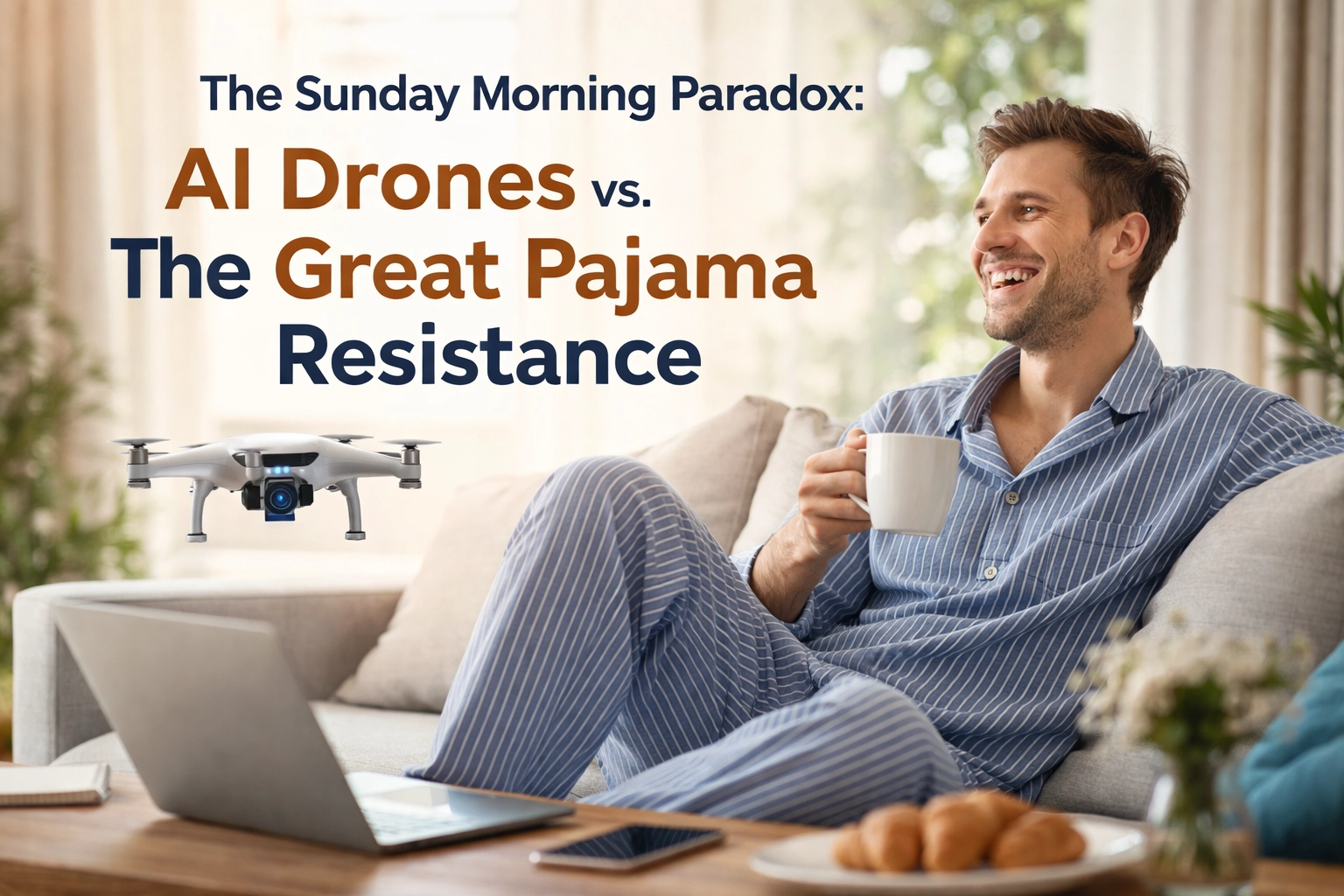 Image accompanying The Sunday Morning Paradox: AI Drones vs. The Great Pajama Resistance