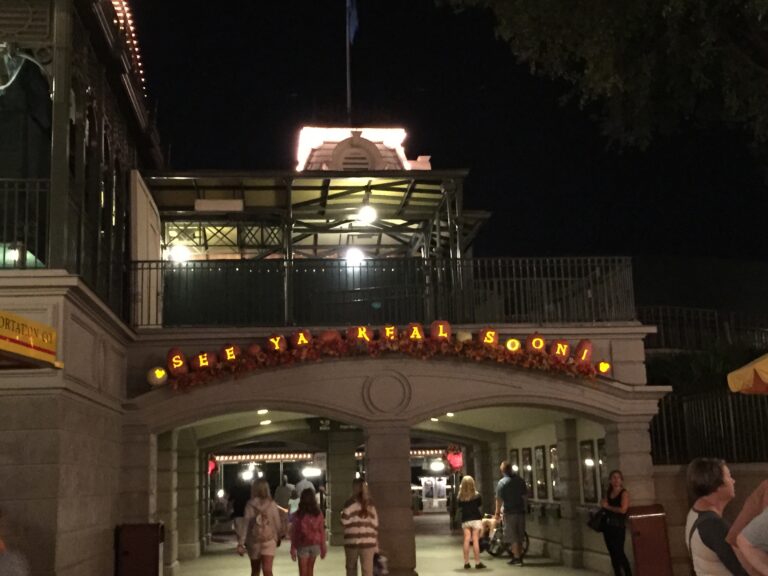 Crowd gathered outside the Walt Disney World Railroad station at night.