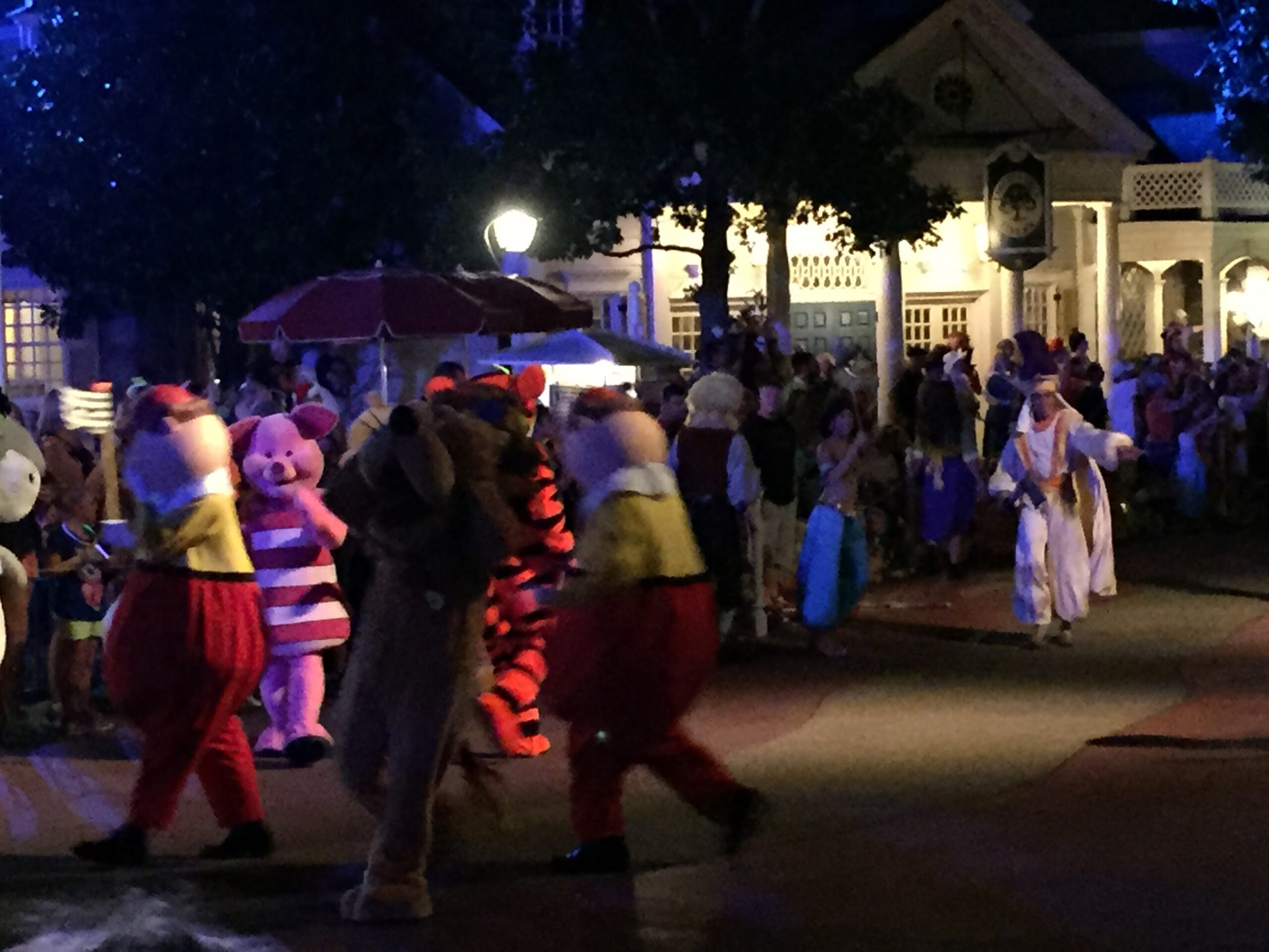 Disney characters in Halloween costumes during a nighttime park celebration.