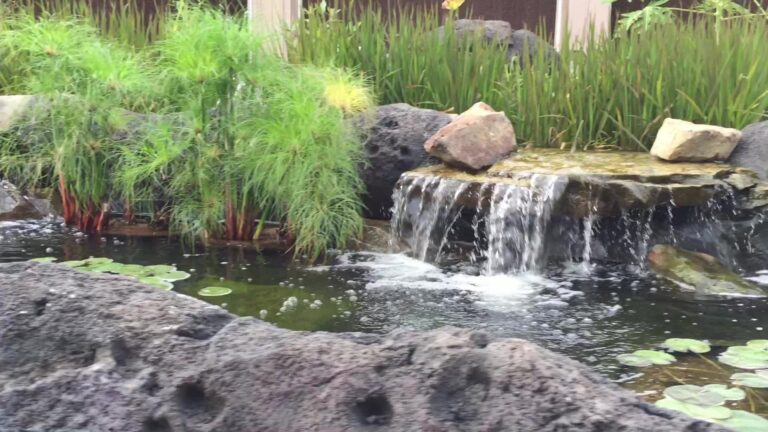 Small waterfall flowing into a landscaped pond with lily pads.