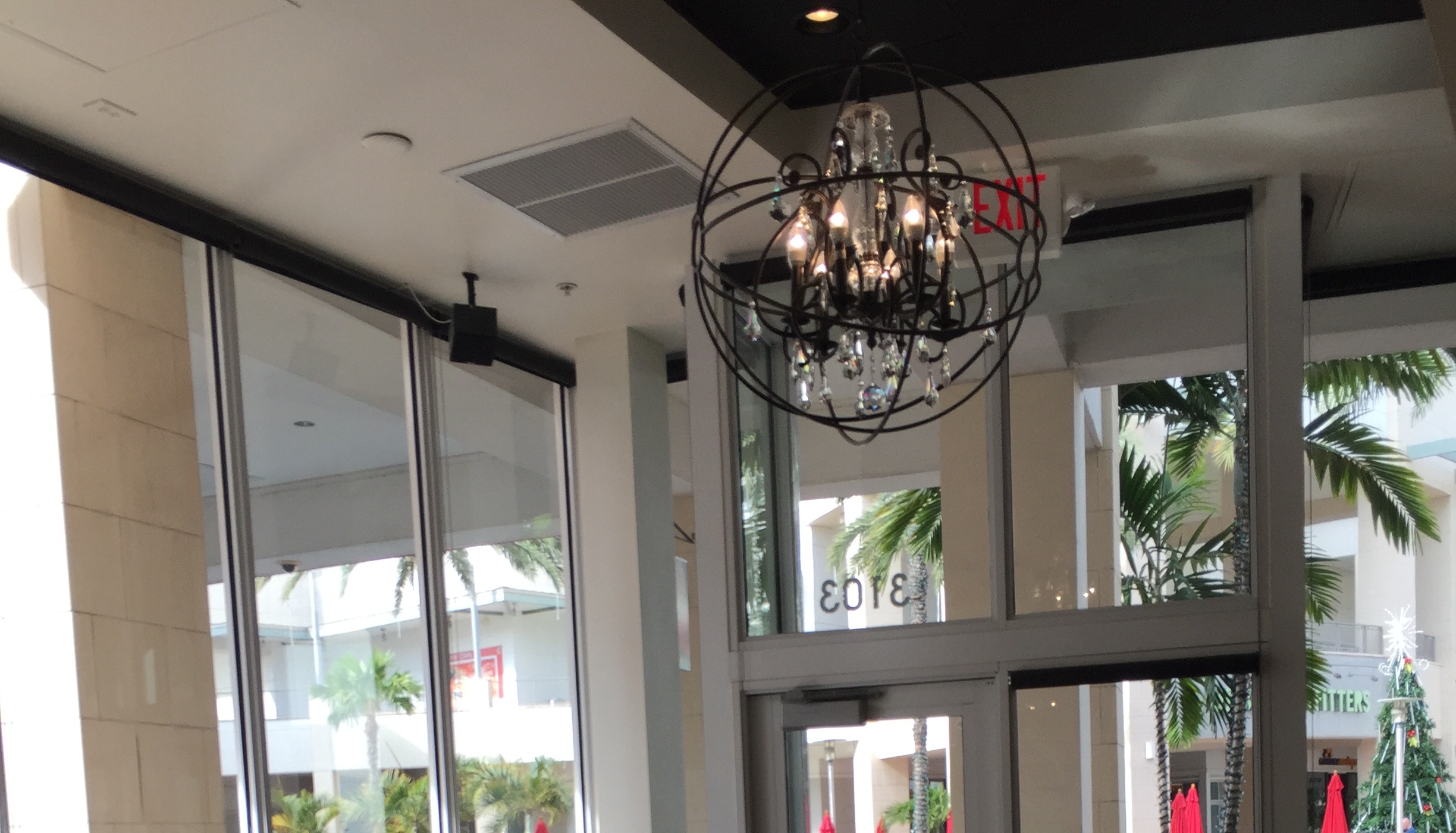 A chandelier above bright cafe windows with palm trees outside.